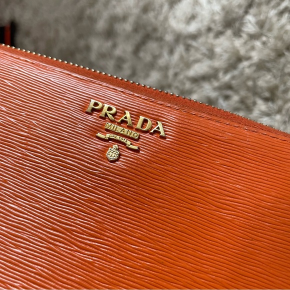 Prada Saffiano Long Continental Zip Wallet Orange Leather Gold Logo - Picture 13 of 13